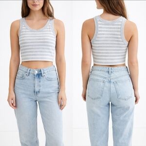 OFFLINE by Aerie Gray White Stripe Ribbed Cropped Tank Top S